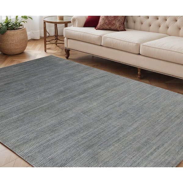 5 ft. x 8 ft. Silver And Blue Wool Striped Hand Woven Area Rug