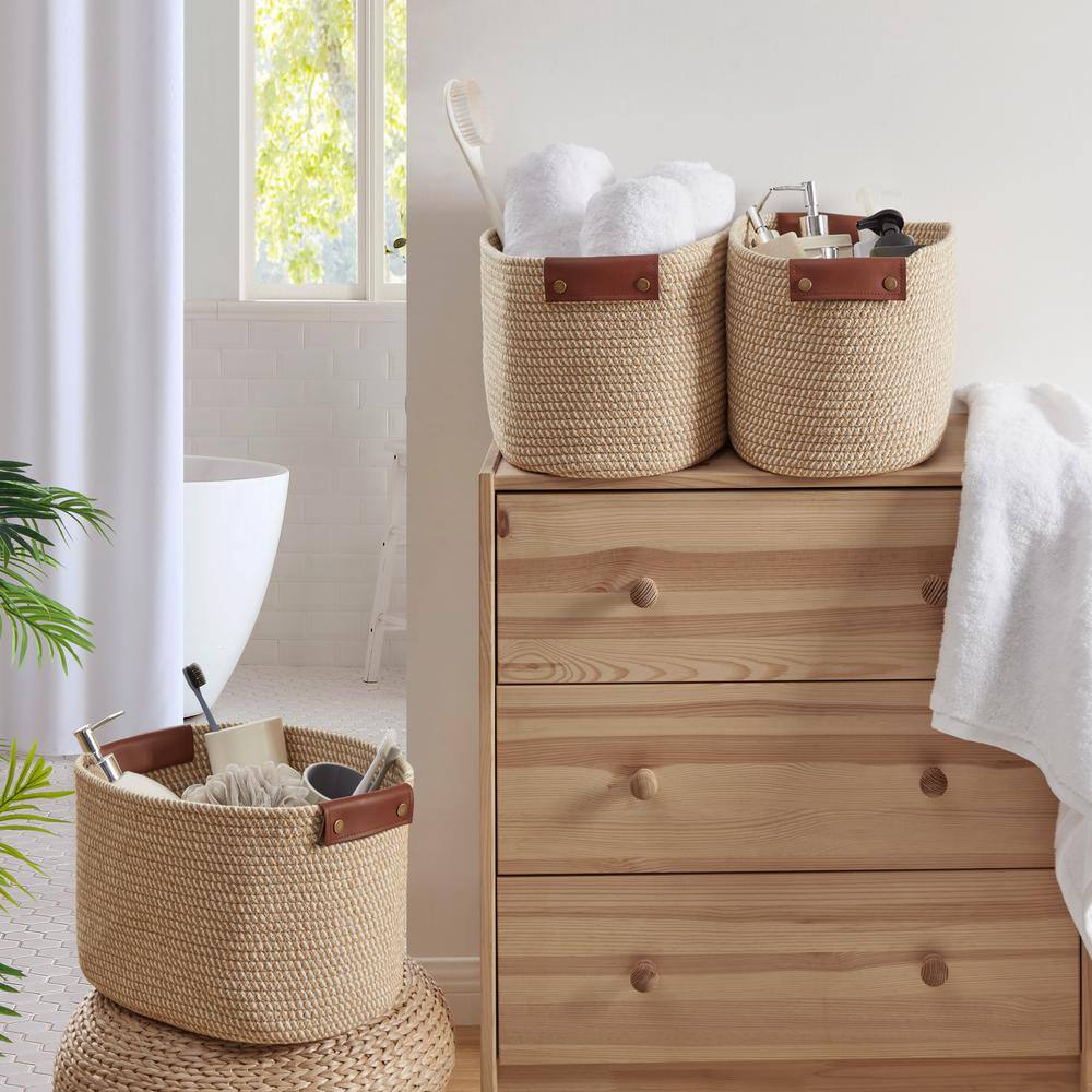 Set of 3 Beige Woven Cotton Rope Storage Baskets with Leather Handles