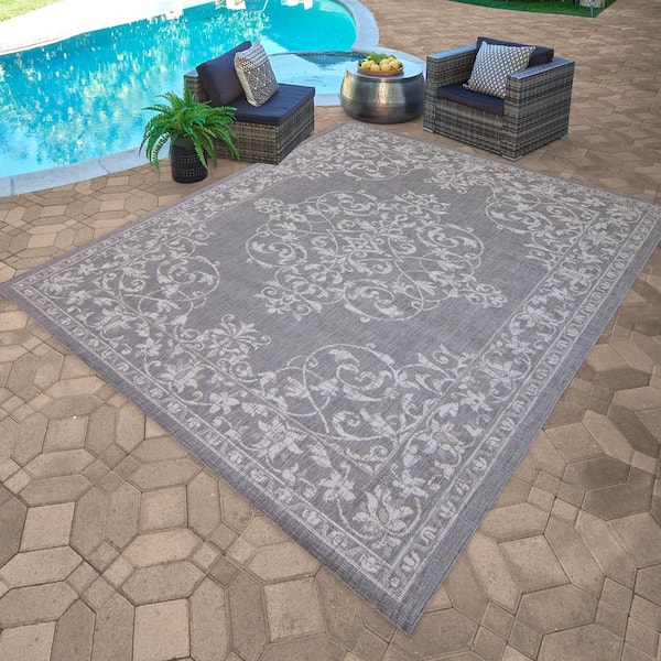 Paseo Ryoan Gray/Cream 6 ft. x 9 ft. Medallion Indoor/Outdoor Area Rug