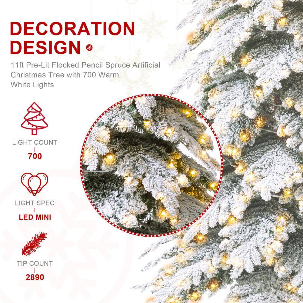 11ft Warm White Pre-Lit Flocked Narrow Spruce Christmas Tree