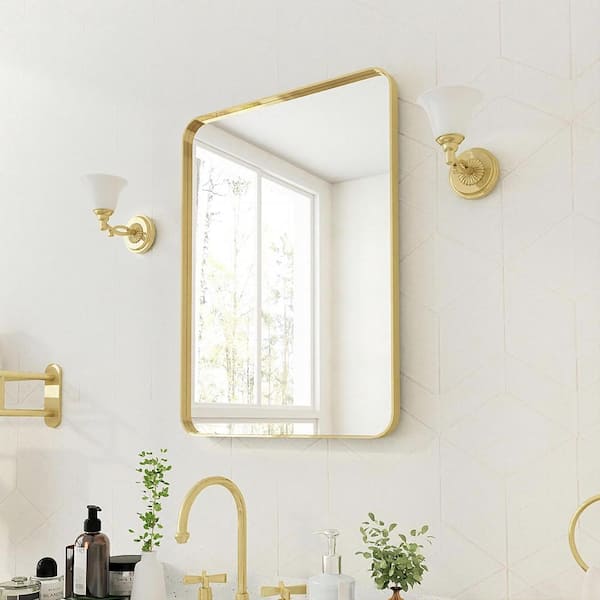 22 in. W x 30 in. H Rectangular Aluminum Framed Wall Bathroom Vanity Mirror in Gold