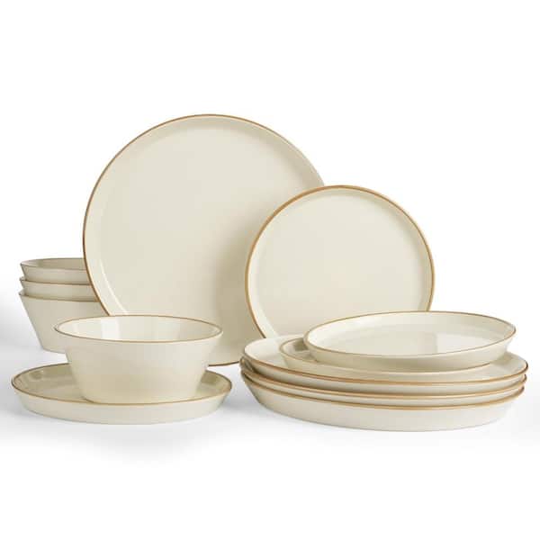 Stoneware Dinnerware Set for 4, 12-Piece Vanilla White with Rim, Microwave Safe, Dishwasher Safe, Durable