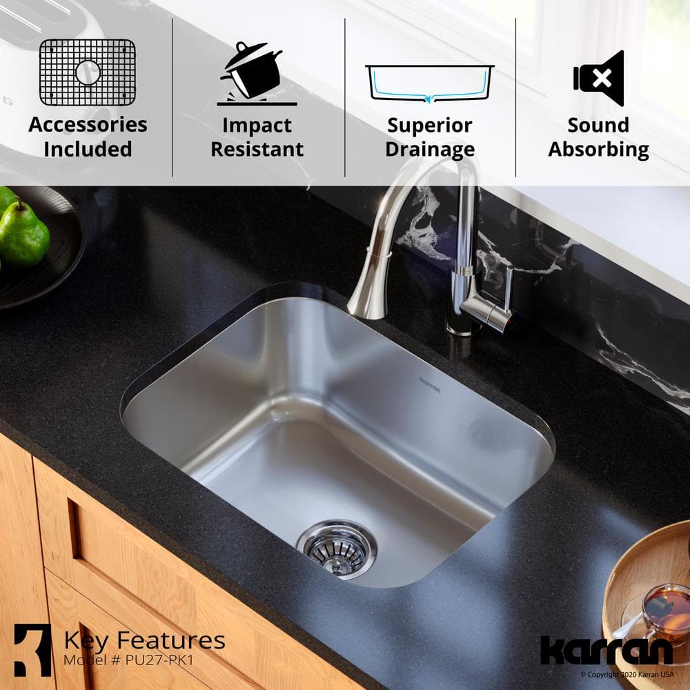 23'' Satin Brushed Stainless Steel Single Bowl Undermount Sink Kit