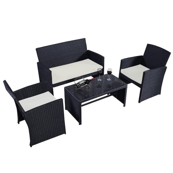 Costway Black 4-Piece Wicker Rattan Patio Conversation Set Garden Lawn Furniture with Beige White Cushions