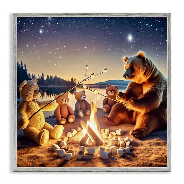 Stupell Industries Fireside Friends Bear by Alina Georgescu Gray Framed Animal Giclee Art Print 24 in. x 24 in.