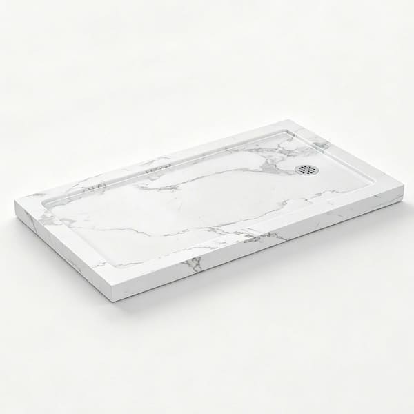 54 in. L x 32 in. W Single/Double Threshold Alcove Shower Pan Base with Left/Right Drain and Flange Kit in Carrara White