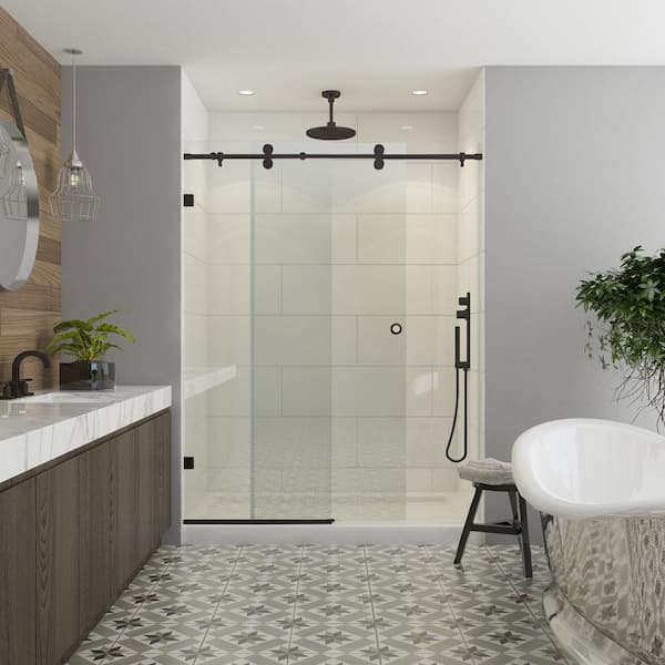 Contractors Wardrobe Model 7800 48 in. x 76 in. Frameless Sliding Shower Enclosure in Bronze with Circular Thru-Glass Pull
