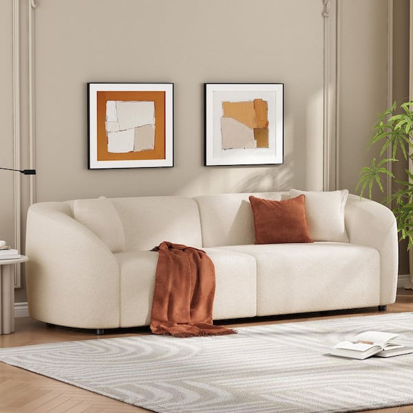 CHRISTOPHER KNIGHT HOME Nymora 87.25 in. Modern 3-Seater Rolled Arm Boulce Fabric Upholstered Curved Sofa with Pillows, in White