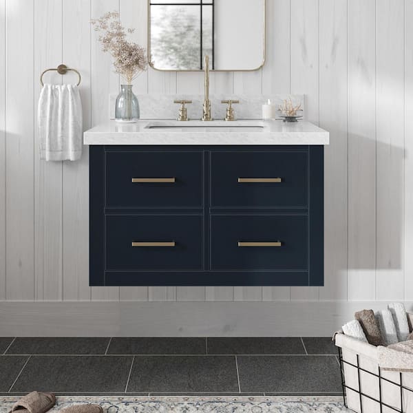ARIEL Hutton 30 in. W x 22 in. D x 19.6 in. H Bath Vanity in Midnight Blue with Carrara White Marble Top