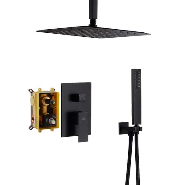 CASAINC 1-Spray Patterns with 10 in. Ceiling Mount Dual Shower Heads with Hand Shower Faucet, in Black (Valve Included)
