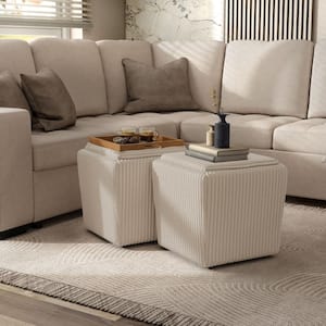 Fana Beige Corduroy Fabric Square Storage Ottoman With Tray Top