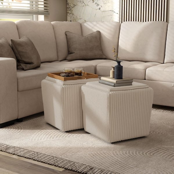 Furniture of America Fana Beige Corduroy Fabric Square Storage Ottoman With Tray Top