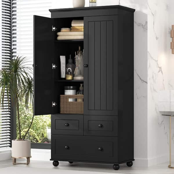 31 in. W x 16 in. D x 63 in. H Black Linen Cabinet, Tall Storage Cabinet with 3-Drawers for Bathroom/Office