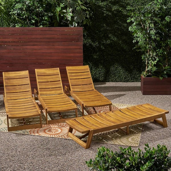 Noble House Maki Teak Brown 4-Piece Wood Outdoor Patio Chaise Lounge