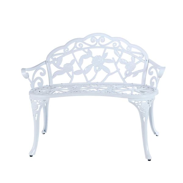 Angel Sar 2-Person White Anti-Rust Cast Aluminum Outdoor Bench for Garden, Balcony, Park and Yard