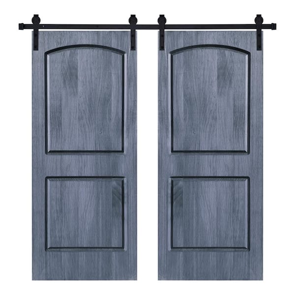AIOPOP HOME Modern 2Panel-Roman Designed 60 in. x 80 in. Wood Panel Icy Gray Painted Double Sliding Barn Door with Hardware Kit