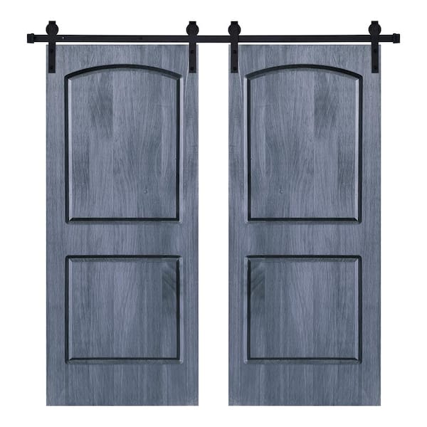 AIOPOP HOME Modern 2Panel-Roman Designed 64 in. x 84 in. Wood Panel Icy Gray Painted Double Sliding Barn Door with Hardware Kit