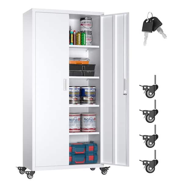 Kaikeeqli 31.5 in. W x 73 in. H x 16 in. D Metal Garage Storage Cabinet with Wheels, Lockable Steel Freestanding Cabinet in White