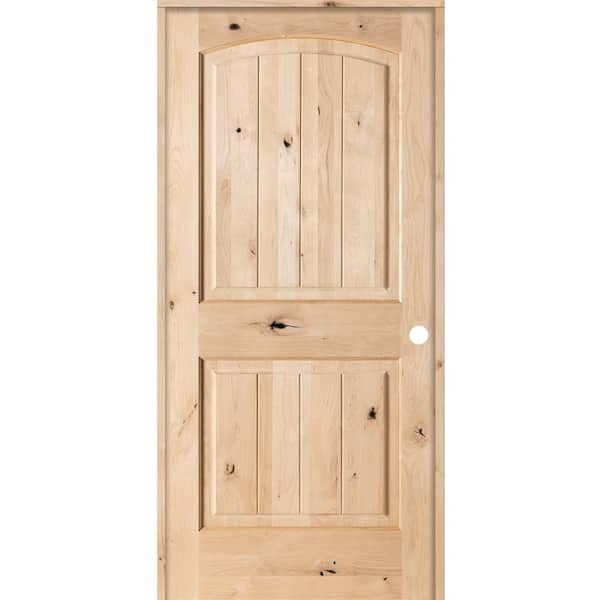 Krosswood Doors 32 in. x 80 in. Knotty Alder 2 Panel Top Rail Arch V-Groove Solid Wood Left-Hand Single Prehung Interior Door