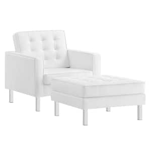 Loft Tufted Faux Leather Armchair and Ottoman Set in Silver White