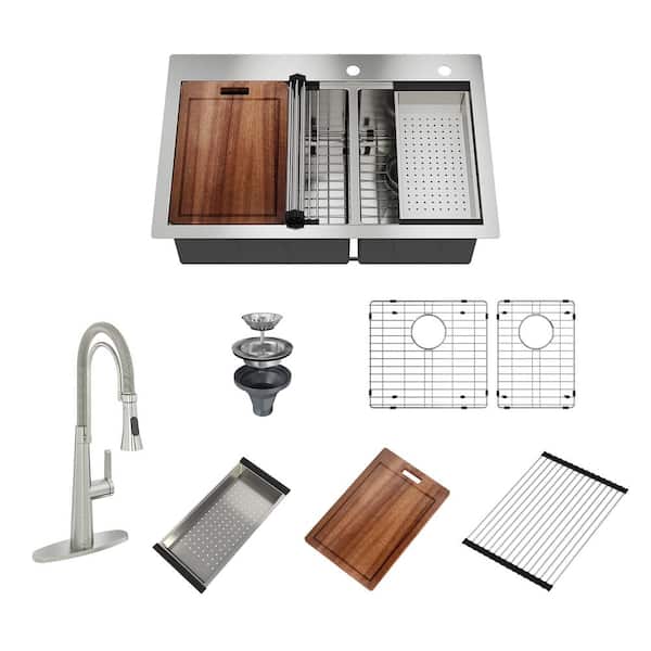 CASAINC 33 in. Top Mount Drop-in Double Bowl 18-Gauge Stainless Steel Kitchen Sink with Faucet