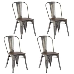 Kricox Silver Metal Tolix Style Stackable Side Chairs With Solid Wood Seat (Set of 4)