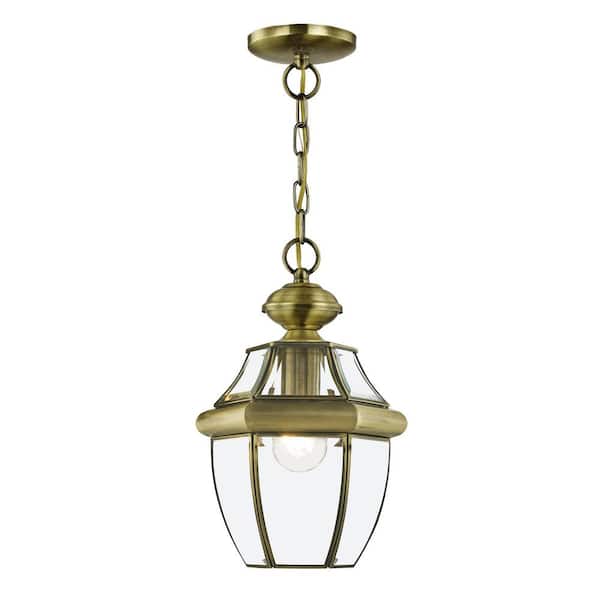 AVIANCE LIGHTING Aston 12.75 in. 1-Light Antique Brass Dimmable Outdoor Pendant Light with Clear Beveled Glass and No Bulbs Included