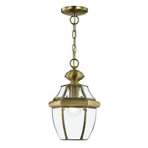 Aston 12.75 in. 1-Light Antique Brass Dimmable Outdoor Pendant Light with Clear Beveled Glass and No Bulbs Included
