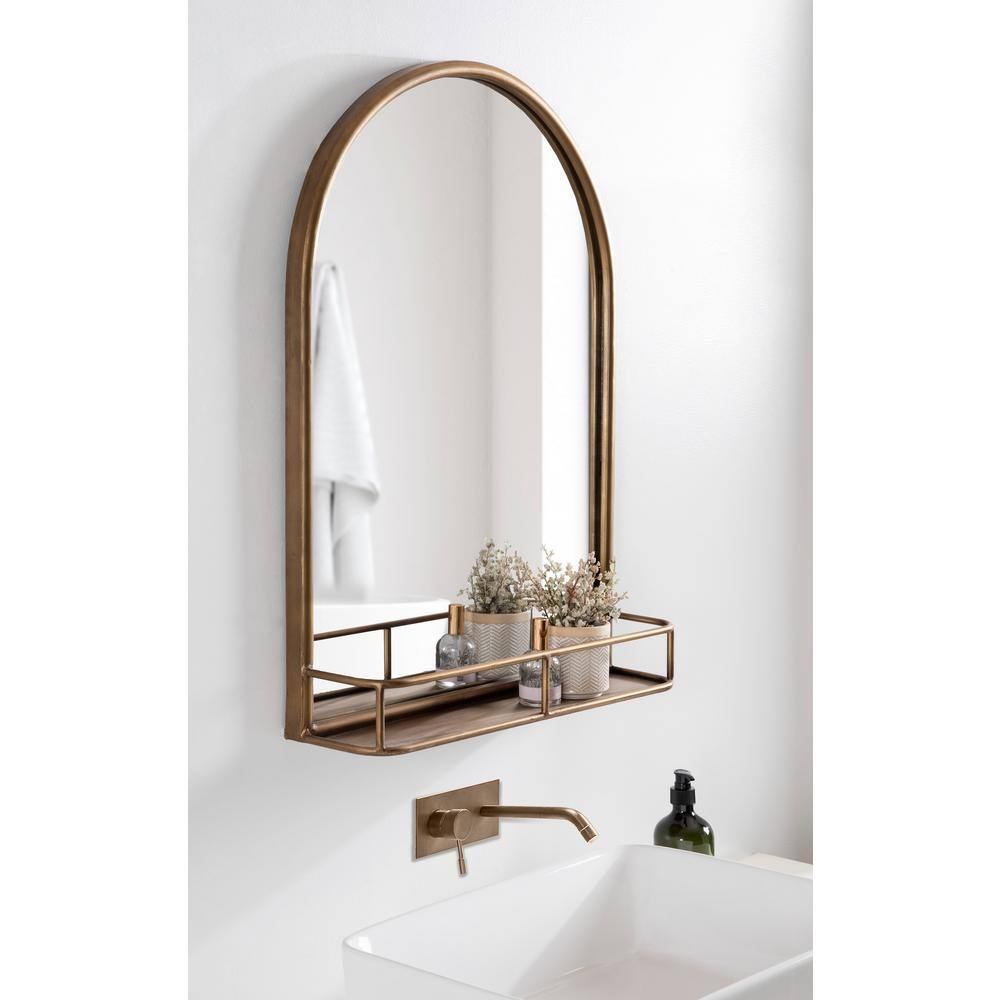 Gold Arched Metal Wall Mirror with Shelf