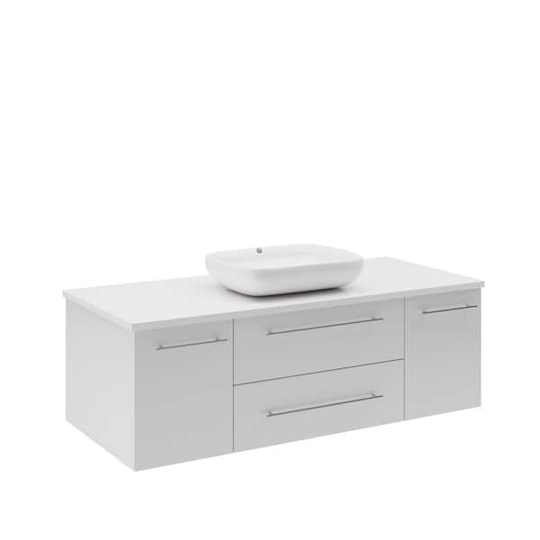 Lucera 48 in. Single Sink Wall Mount Floating White Bath Vanity with White Quartz Top and Vessel Ceramic Sink