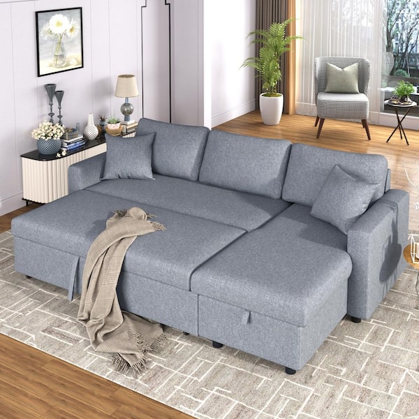87 in. Square Arm 1-Piece Fabric L-Shaped Sectional Sofa in Gray with Chaise