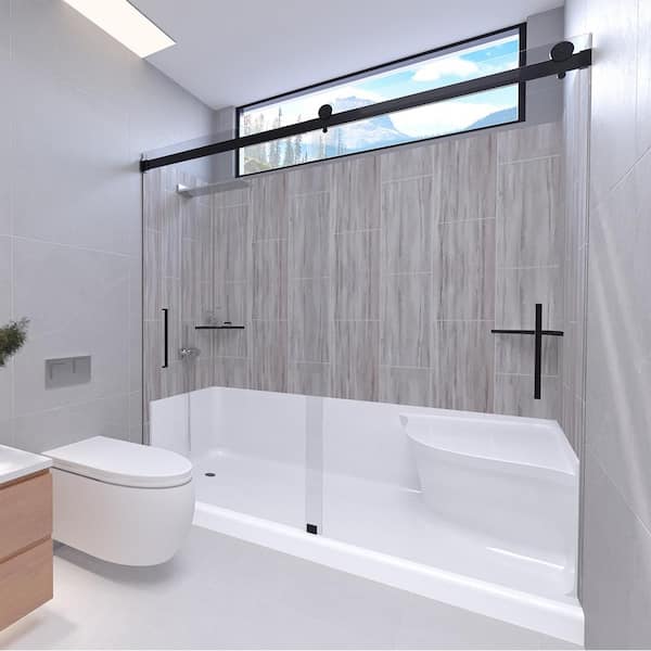 NuVo Driftwood-Tetherow 60 in. L x 32 in. W x 83 in. H Base/Wall/Door Seated Base Alcove Shower Stall/Kit Matte Black Left