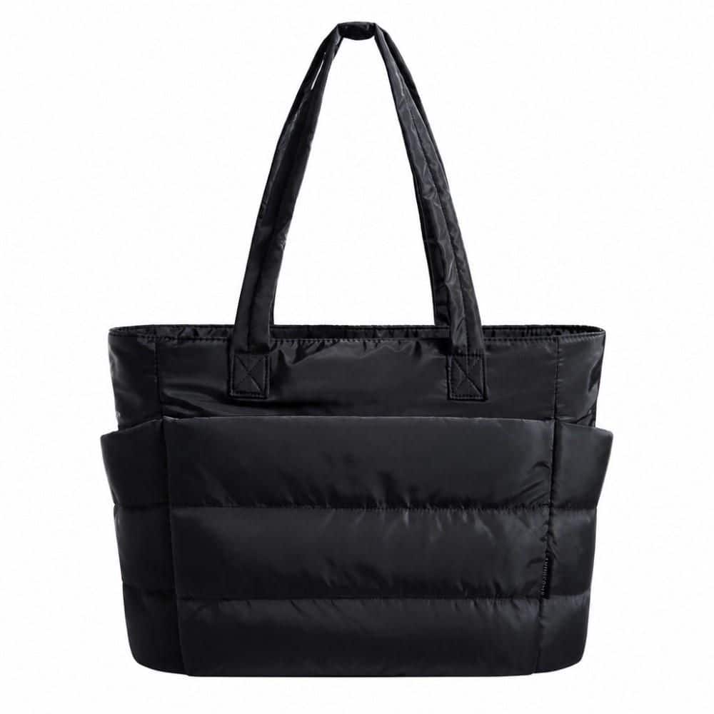 Black Puffy Polyester Tote Bag, Classic Solid Finish, Ultra Lightweight Zippered Shoulder Bag with Compartments for Work