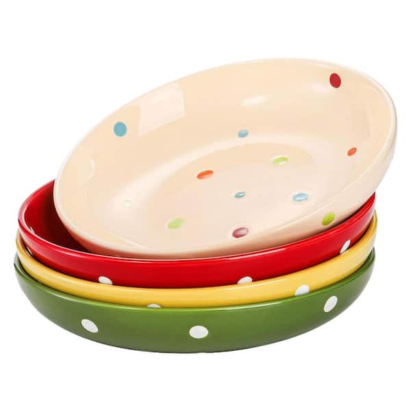 Porcelain 4-Pack Wave Shape Polka Dot Flat Salad Plates Ceramic Dinnerware Microwave Safe Serving Dish Set