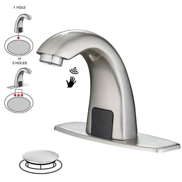 BWE Automatic Sensor Touchless Bathroom Sink Faucet With Deck Plate & Pop Up Drain In Brushed Nickel