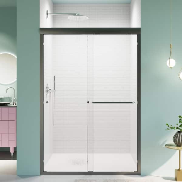 48 in. W x 72 in. H Sliding Semi-Frameless Shower Door in Matte Black Finish with Clear Tempered Glass