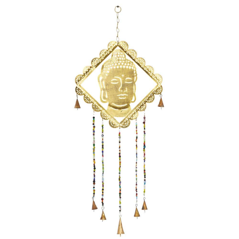 Gold Metal Buddha Windchime with Glass Beads and Cone Bells