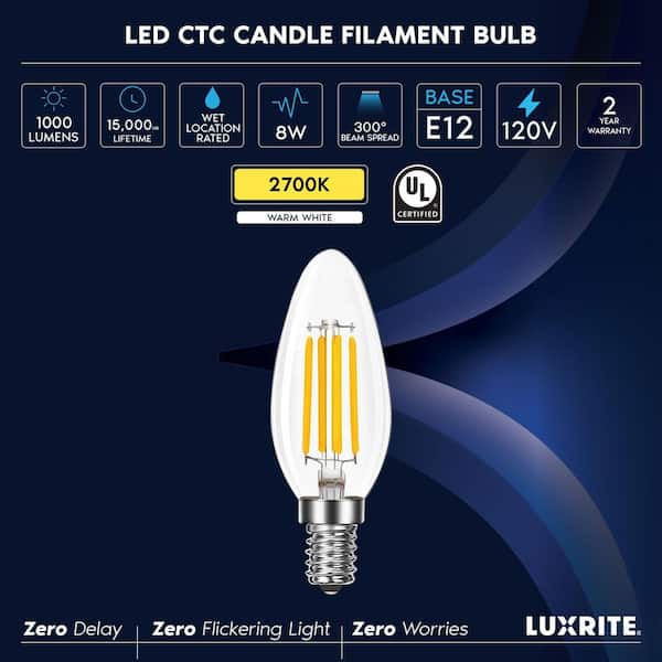 LUXRITE 75W Equivalent LED Candelabra Bulb, 8W, 1000 Lumens, 2700K
