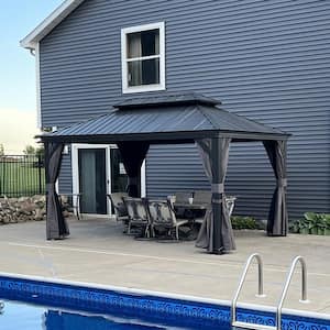 10 ft. x 13 ft. Gray Aluminum Hardtop Gazebo Canopy for Patio Deck Backyard Heavy-Duty with Netting and Upgrade Curtains