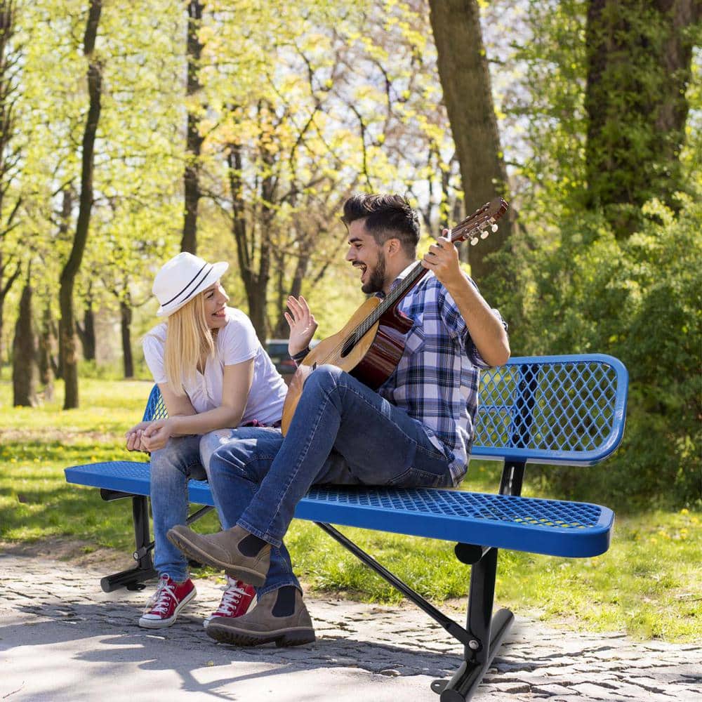 6 ft Blue Steel Outdoor Bench with Mesh Backrest