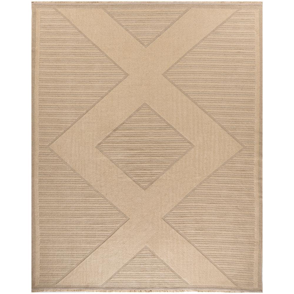 Natural Beige Geometric Flat Woven Wool and Synthetic Rug 8' x 10'