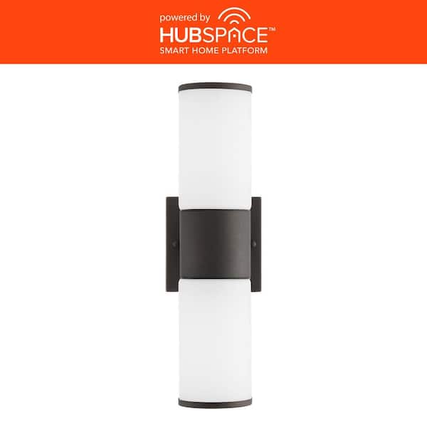 Hartford 14.25 in. Millennium Black Hardwired LED Smart Cylinder Outdoor Wall Light Sconce Powered by Hubspace