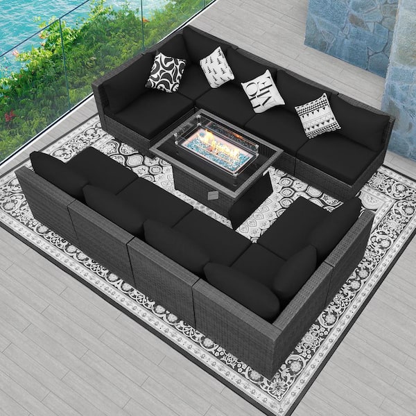 FINCATI Charcoal Rattan Wicker 10-Seat 11-Piece Patio Fire Pit Deep Seating Set with Black Cushions and Firepit Table