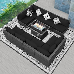 Charcoal Rattan Wicker 10-Seat 11-Piece Patio Fire Pit Deep Seating Set with Black Cushions and Firepit Table