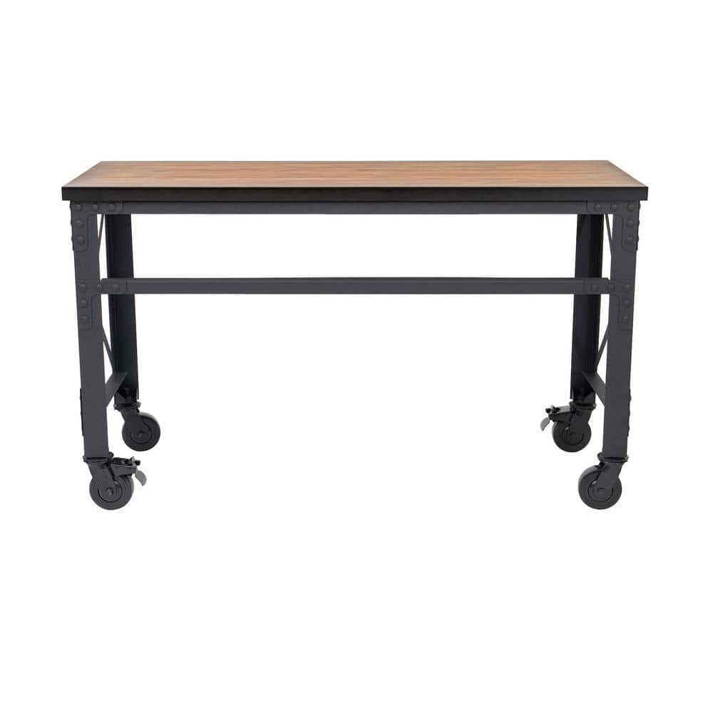 Dark Brown Wood and Metal Industrial Desk with Casters