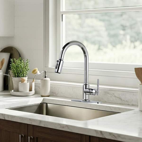 Modern High Arc Single Handle Pull-Down Sprayer Kitchen Faucet, Kitchen Sink Faucet with Deckplate in Polished Chrome