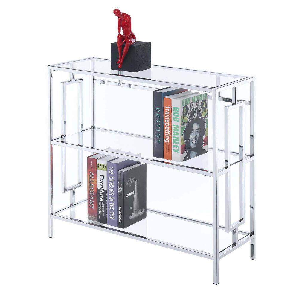 Glamorous Gray Chrome and Clear Glass 3-Tier Bookshelf