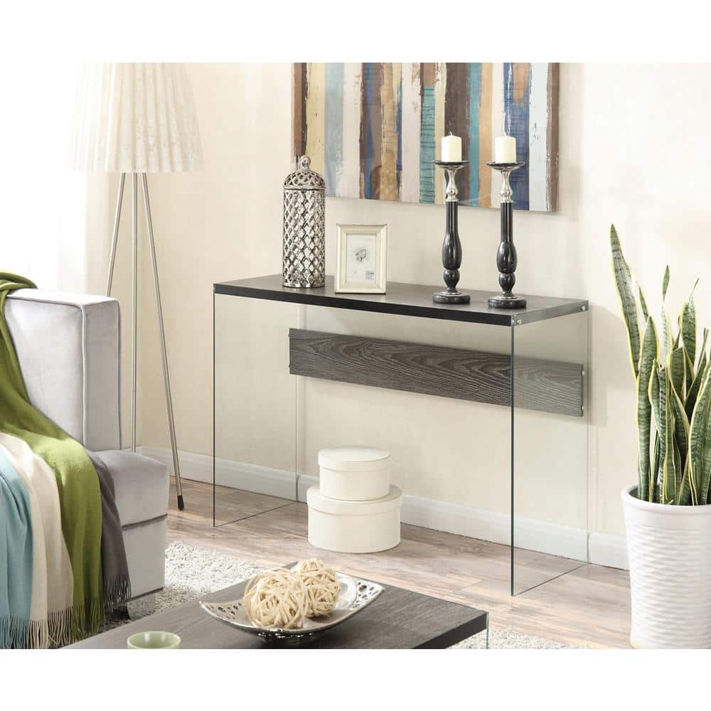 Weathered Gray Wood and Glass Console Table with Storage