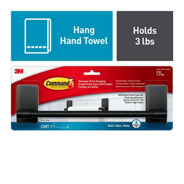 9 in. Towel Bar, Matte Black, 1 Towel Bar, 4 Medium Water-Resistant Strips