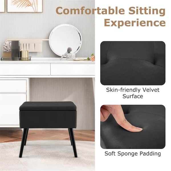 Costway Black Velvet Storage Ottoman Tufted Flip Top Vanity Stool